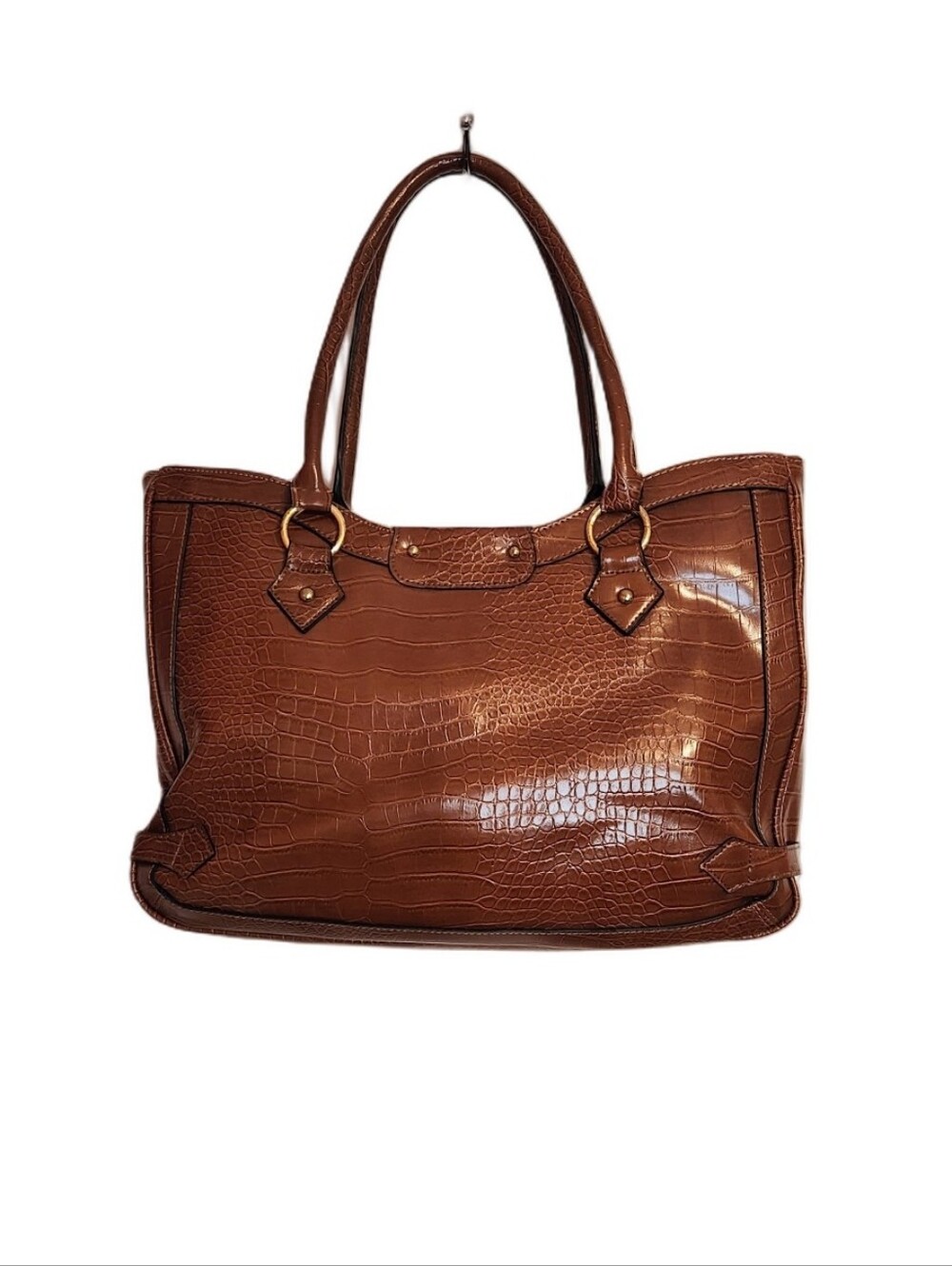 Merona Brown Croc Faux Leather Double Handle Laptop Tote Bag - Picture 3 of 11